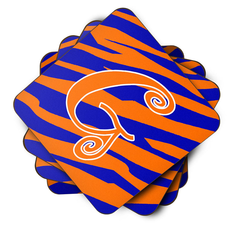 Set of 4 Monogram - Tiger Stripe Blue and Orange Foam Coasters Initial Letter G