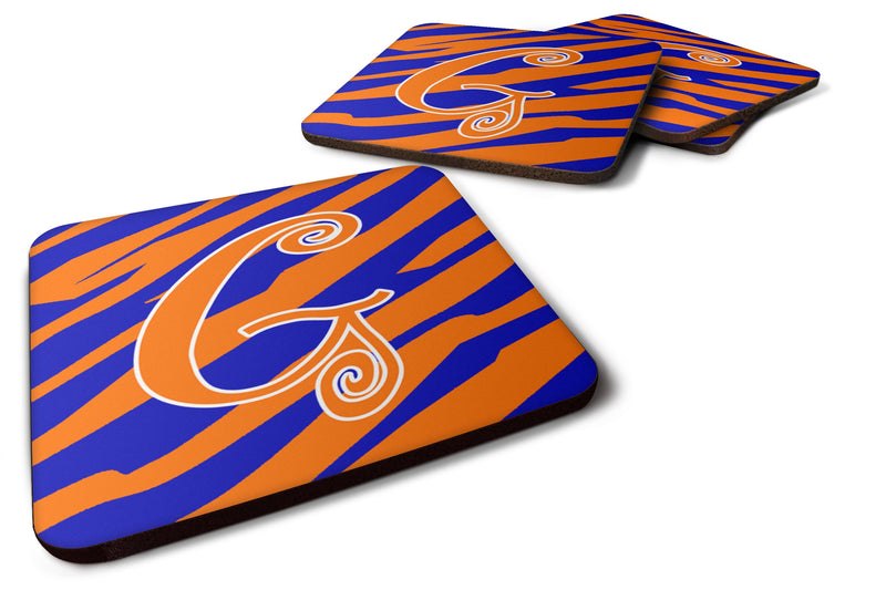 Set of 4 Monogram - Tiger Stripe Blue and Orange Foam Coasters Initial Letter G