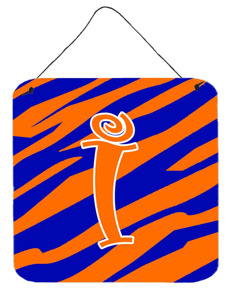 Letter I Initial Tiger Stripe Blue and Orange Wall or Door Hanging Prints