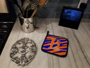 Letter K Initial Tiger Stripe Blue and Orange Pot Holder Set of 2 Heat Resistant Quilted Hot Pads 7.5 x 7.5 Inch, Insulated Kitchen Trivets for Cooking & Baking