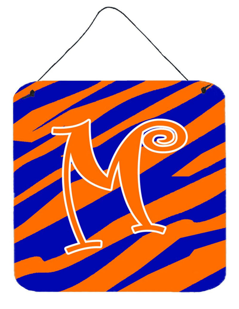 Letter M Initial Tiger Stripe Blue and Orange Wall or Door Hanging Prints