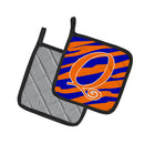 Letter Q Initial Tiger Stripe Blue and Orange Pot Holder Set of 2 Heat Resistant Quilted Hot Pads 7.5 x 7.5 Inch, Insulated Kitchen Trivets for Cooking & Baking