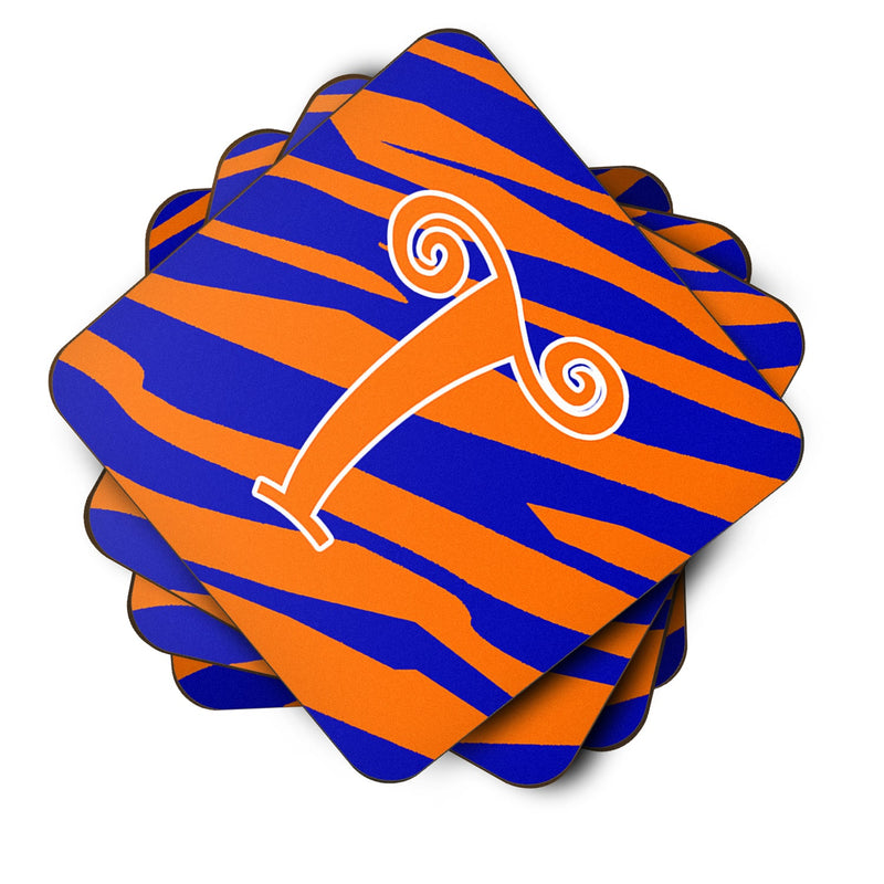 Set of 4 Monogram - Tiger Stripe Blue and Orange Foam Coasters Initial Letter T