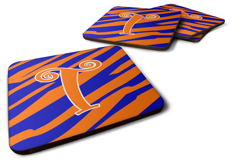 Set of 4 Monogram - Tiger Stripe Blue and Orange Foam Coasters Initial Letter T