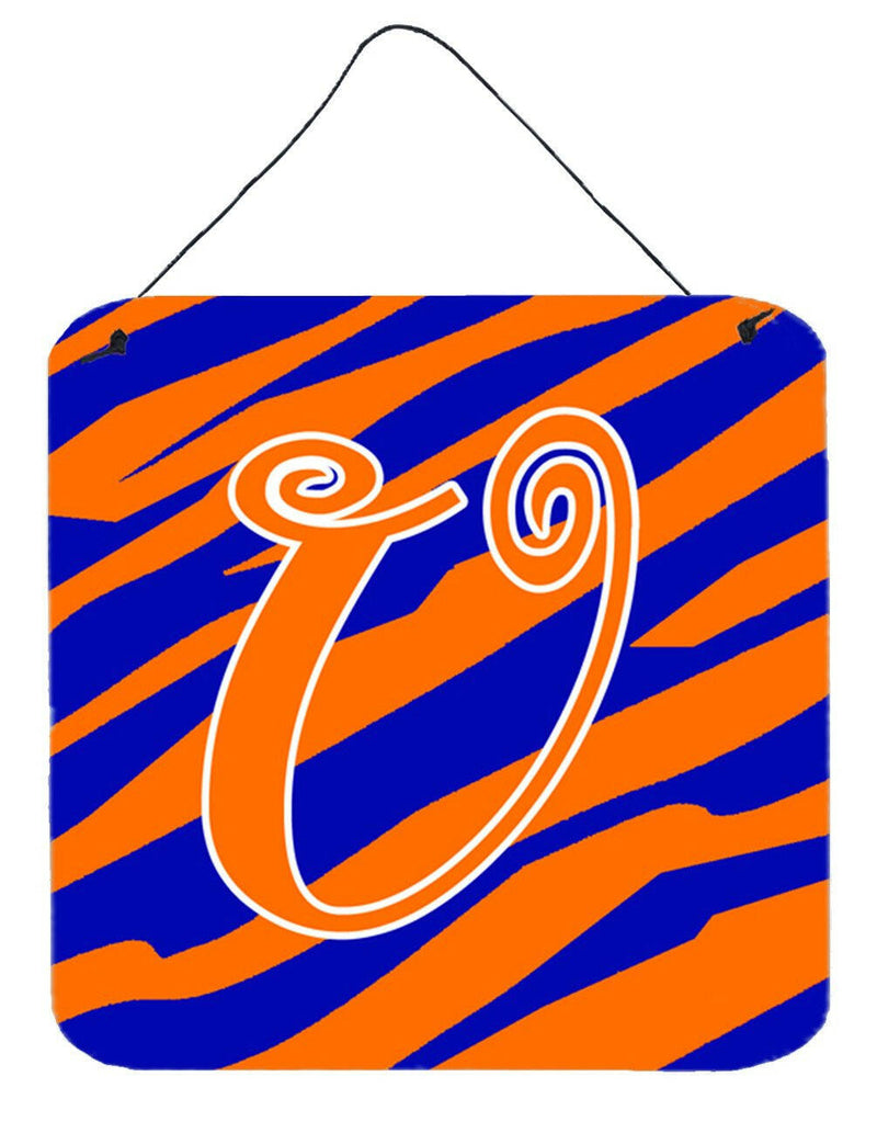 Letter U Initial  Tiger Stripe Blue and Orange Wall or Door Hanging Prints