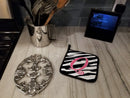 Letter Q Initial  Zebra Stripe and Pink Pot Holder Set of 2 Heat Resistant Quilted Hot Pads 7.5 x 7.5 Inch, Insulated Kitchen Trivets for Cooking & Baking