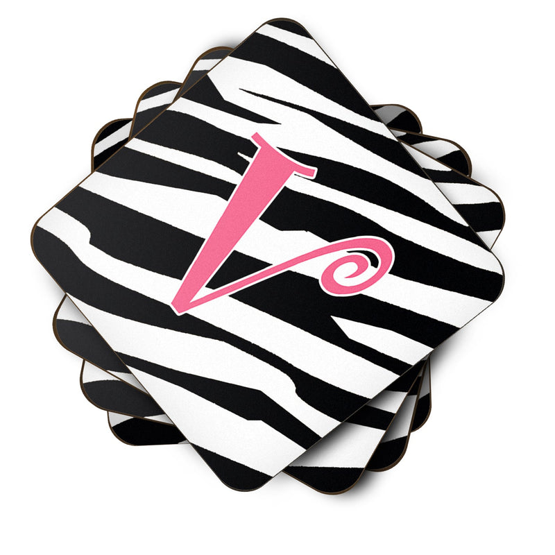 Set of 4 Monogram - Zebra Stripe and Pink Foam Coasters Initial Letter V