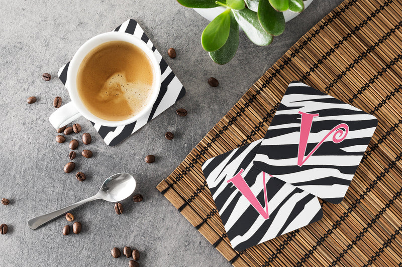 Set of 4 Monogram - Zebra Stripe and Pink Foam Coasters Initial Letter V