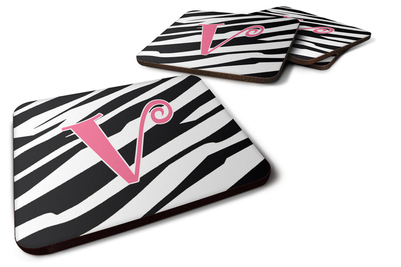 Set of 4 Monogram - Zebra Stripe and Pink Foam Coasters Initial Letter V