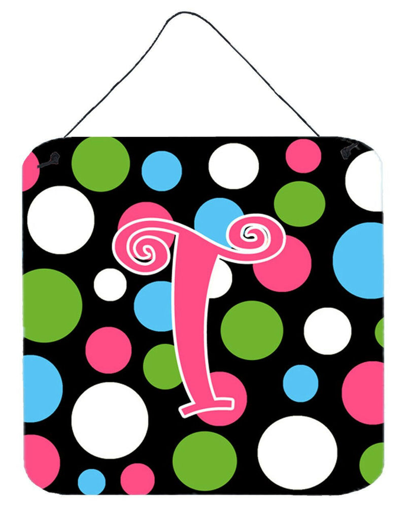 Letter T Initial Monogram - Polkadots and Pink Wall or Door Hanging Prints