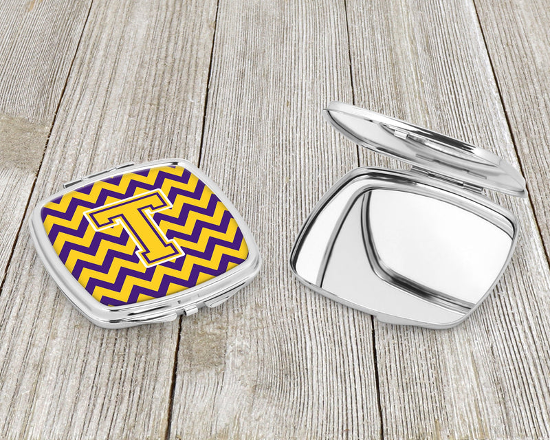 Letter T Chevron Purple and Gold Compact Mirror CJ1041-TSCM