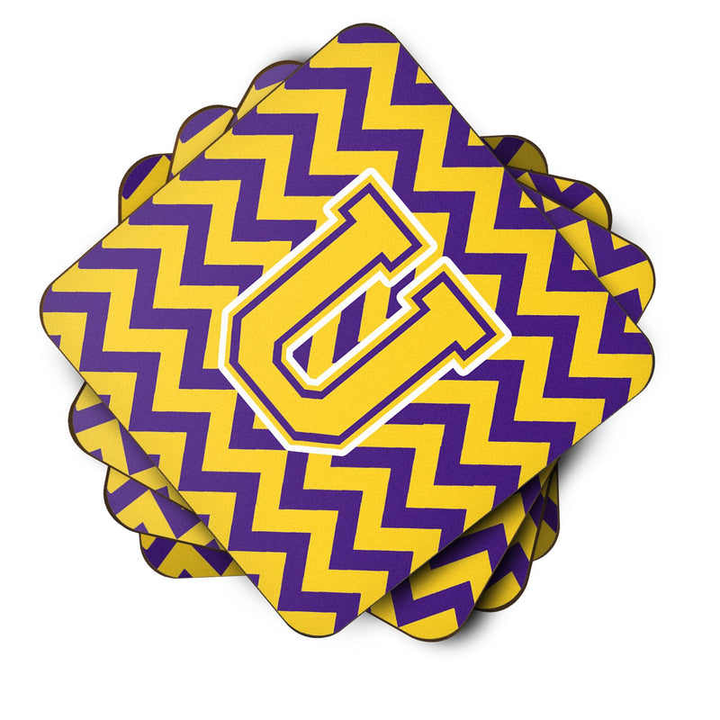 Letter U Chevron Purple and Gold Foam Coaster Set of 4 CJ1041-UFC