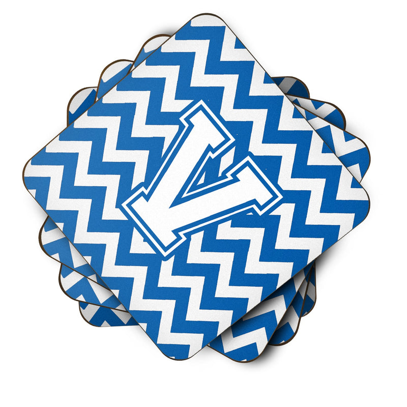 Letter V Chevron Blue and White Foam Coaster Set of 4 CJ1045-VFC