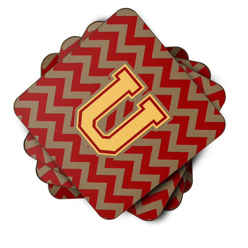 Letter U Chevron Garnet and Gold  Foam Coaster Set of 4 CJ1048-UFC