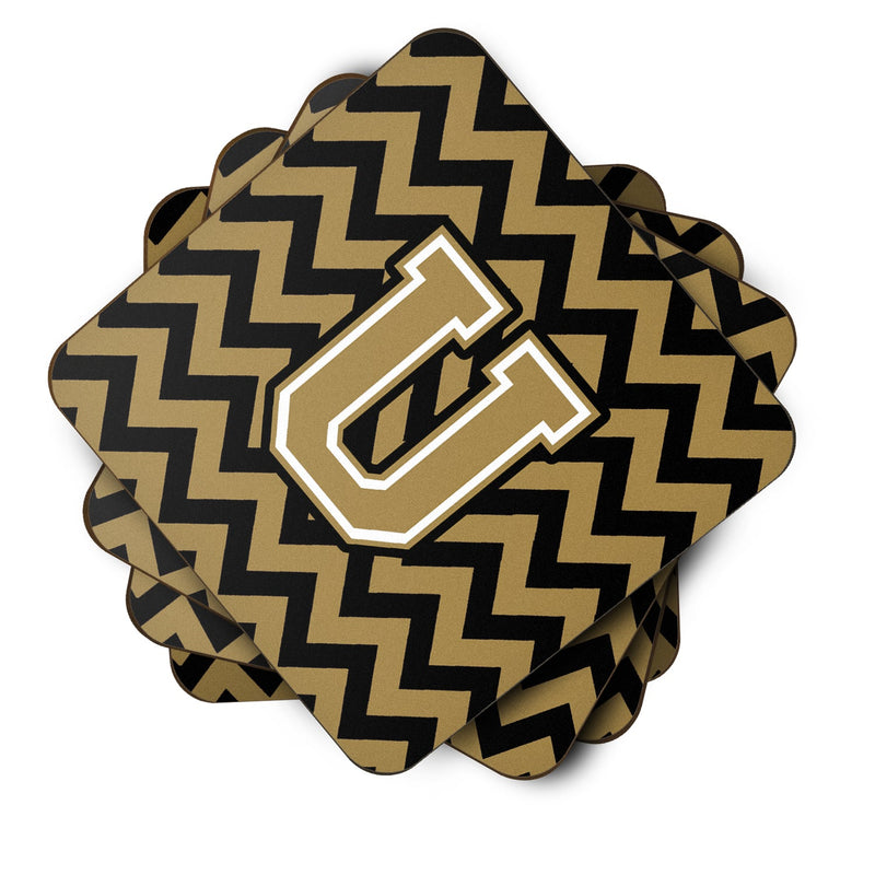 Letter U Chevron Black and Gold  Foam Coaster Set of 4 CJ1050-UFC