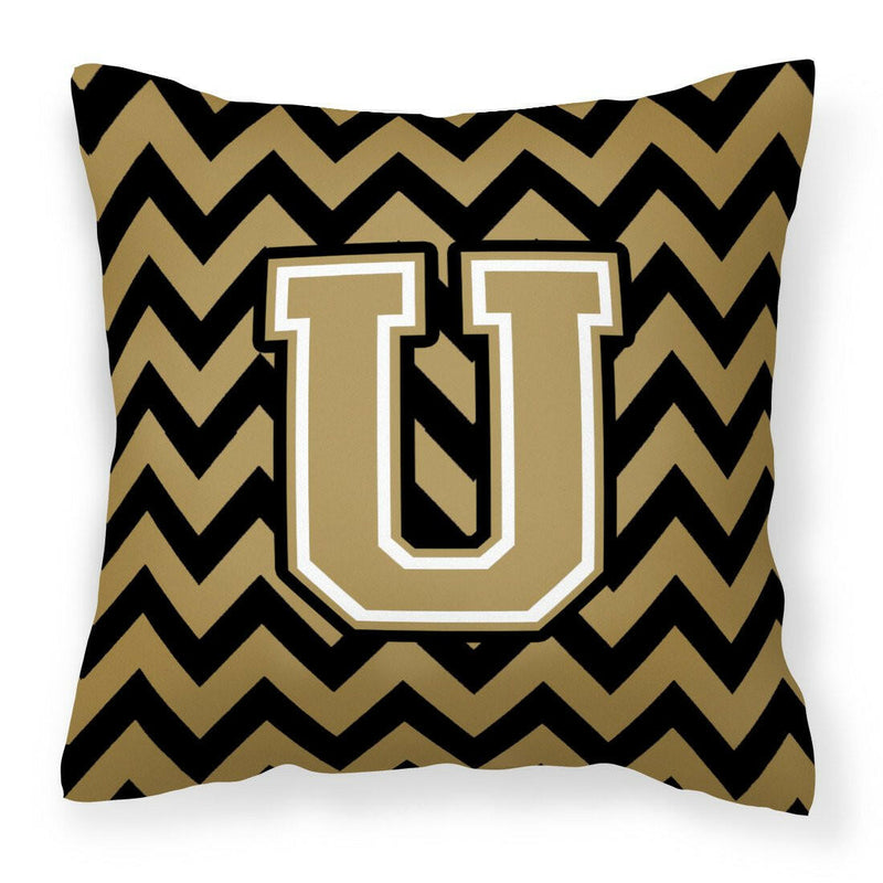 Letter U Chevron Black and Gold  Fabric Decorative Pillow CJ1050-UPW1414