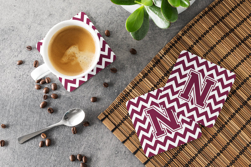 Letter N Chevron Maroon and White  Foam Coaster Set of 4 CJ1051-NFC