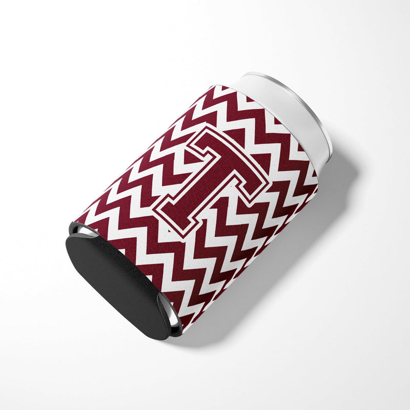 Letter T Chevron Maroon and White  Can or Bottle Hugger CJ1051-TCC