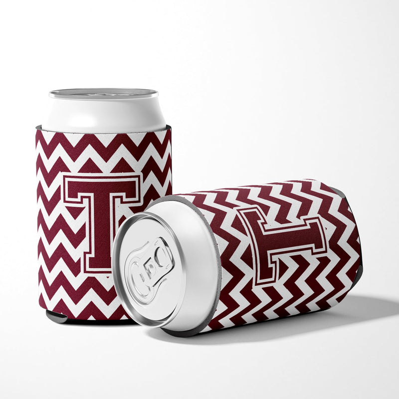 Letter T Chevron Maroon and White  Can or Bottle Hugger CJ1051-TCC