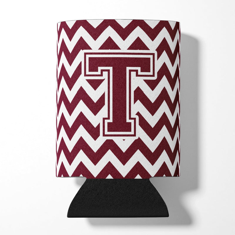 Letter T Chevron Maroon and White  Can or Bottle Hugger CJ1051-TCC