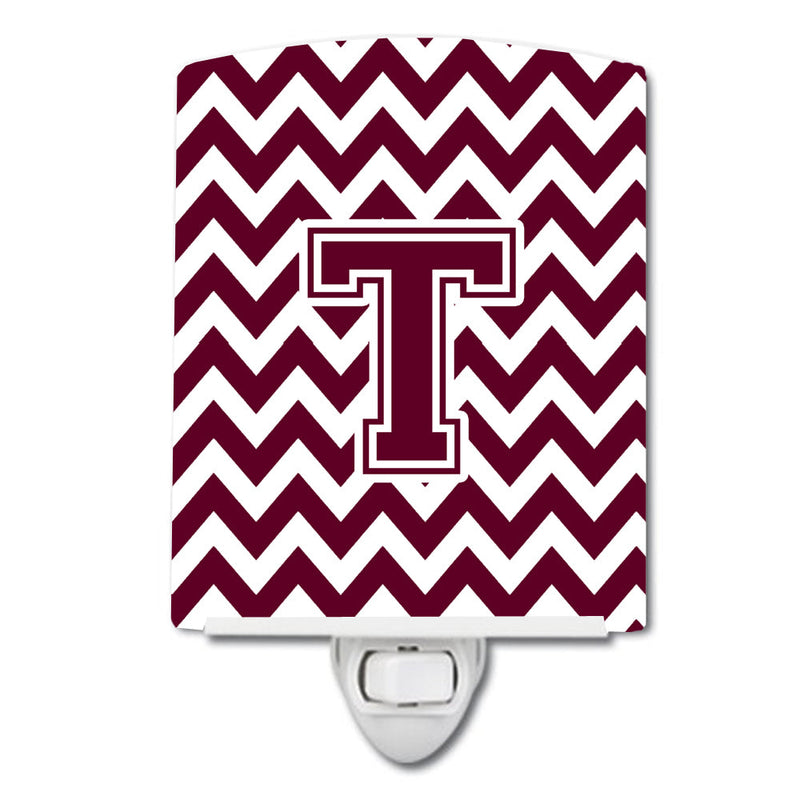 Letter T Chevron Maroon and White  Ceramic Night Light CJ1051-TCNL