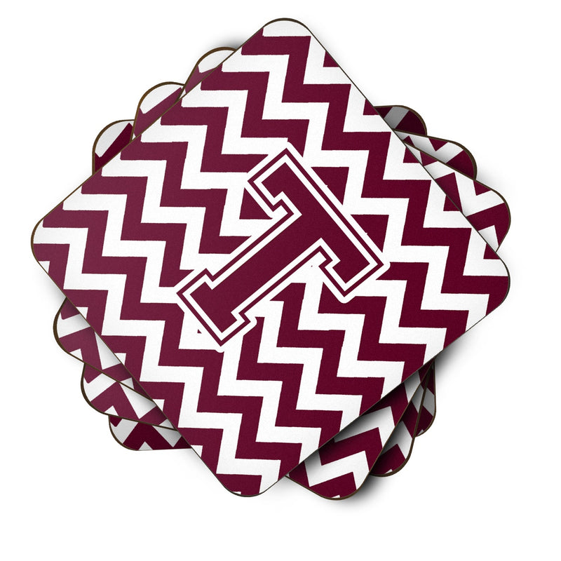 Letter T Chevron Maroon and White  Foam Coaster Set of 4 CJ1051-TFC