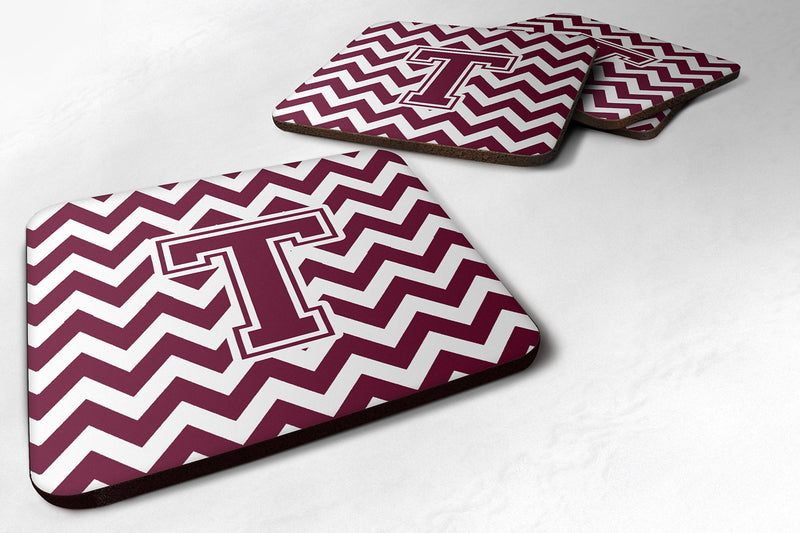 Letter T Chevron Maroon and White  Foam Coaster Set of 4 CJ1051-TFC