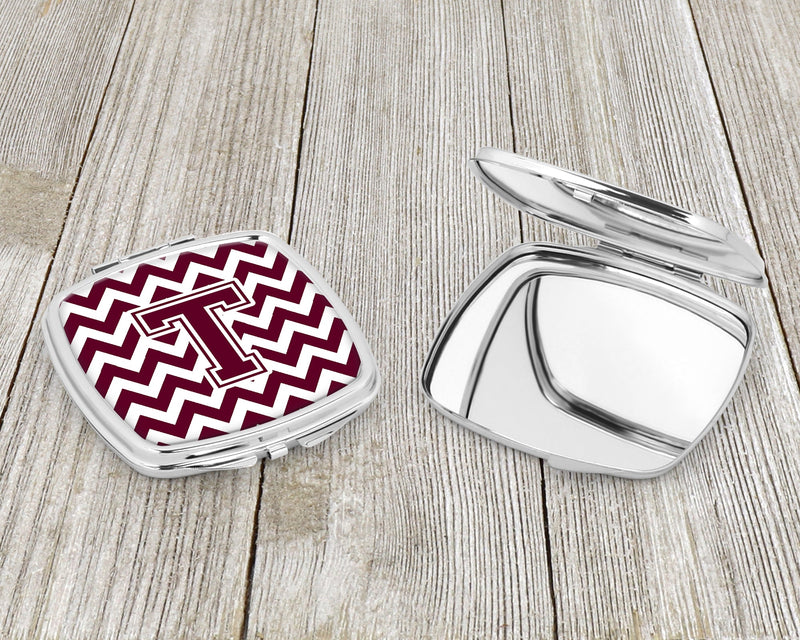 Letter T Chevron Maroon and White  Compact Mirror CJ1051-TSCM