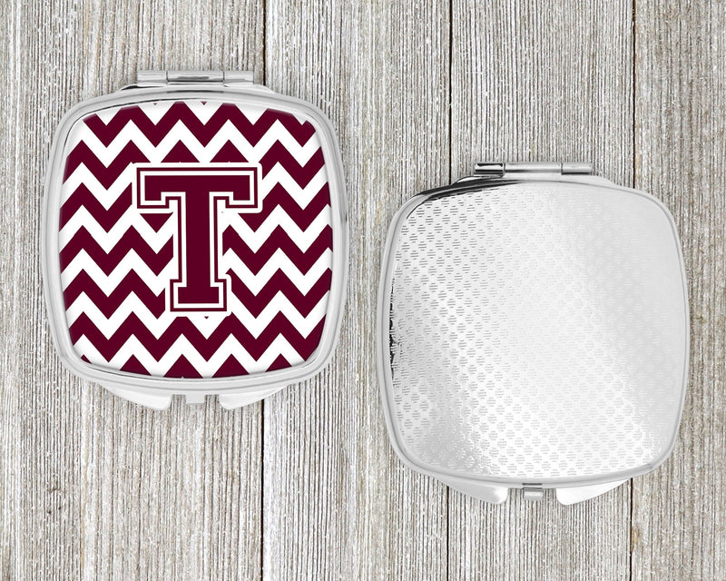 Letter T Chevron Maroon and White  Compact Mirror CJ1051-TSCM