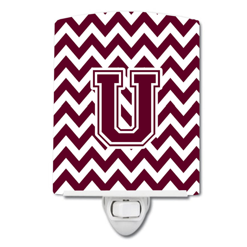 Letter U Chevron Maroon and White  Ceramic Night Light CJ1051-UCNL