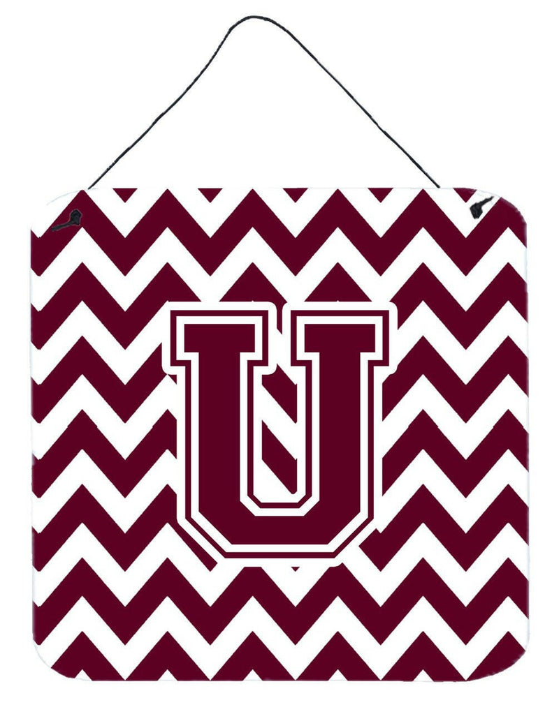 Letter U Chevron Maroon and White  Wall or Door Hanging Prints CJ1051-UDS66