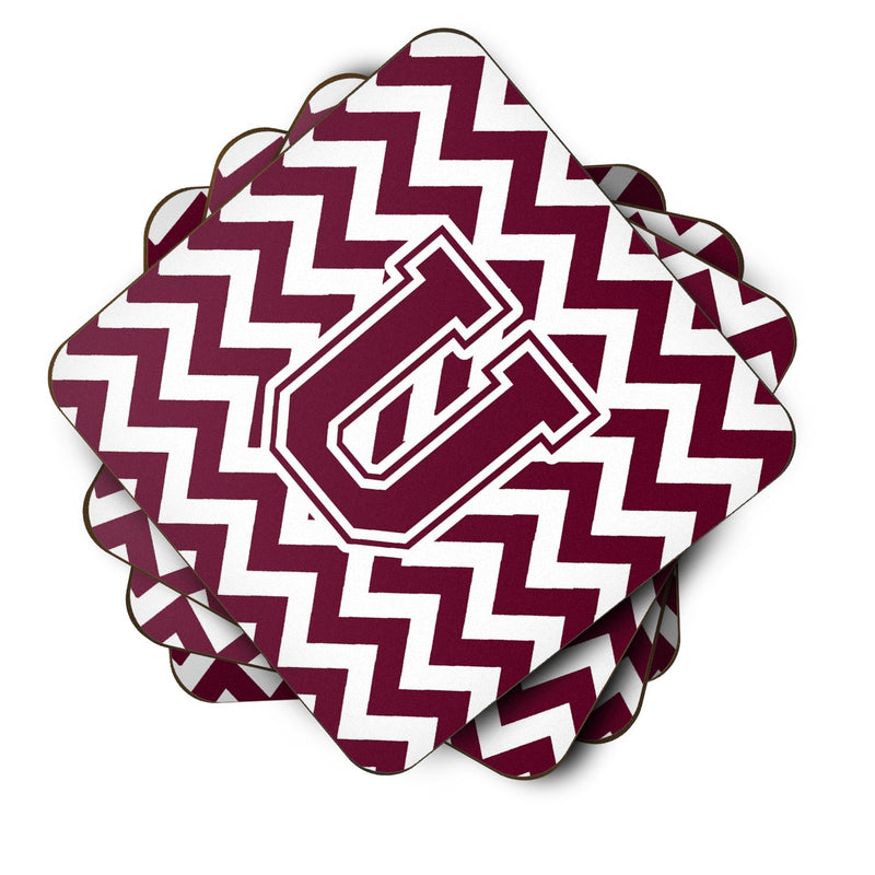 Letter U Chevron Maroon and White  Foam Coaster Set of 4 CJ1051-UFC