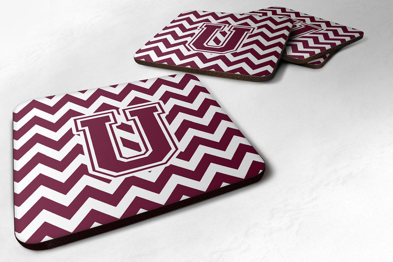 Letter U Chevron Maroon and White  Foam Coaster Set of 4 CJ1051-UFC