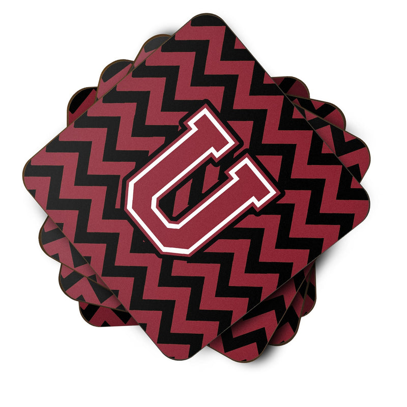 Letter U Chevron Garnet and Black  Foam Coaster Set of 4 CJ1052-UFC