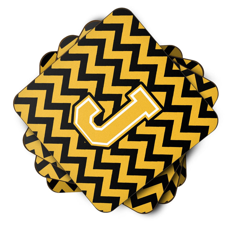 Letter J Chevron Black and Gold Foam Coaster Set of 4 CJ1053-JFC