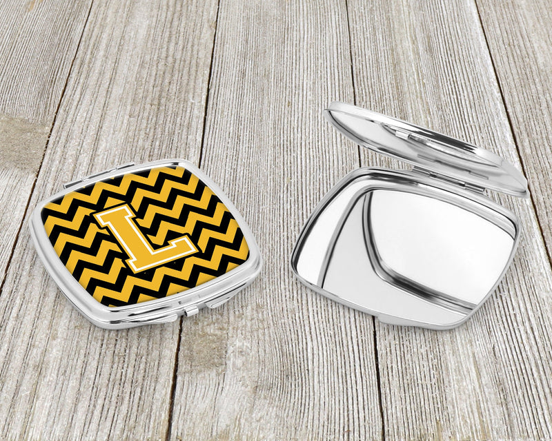 Letter L Chevron Black and Gold Compact Mirror CJ1053-LSCM