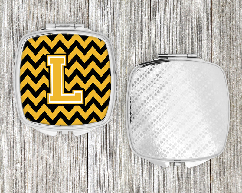 Letter L Chevron Black and Gold Compact Mirror CJ1053-LSCM