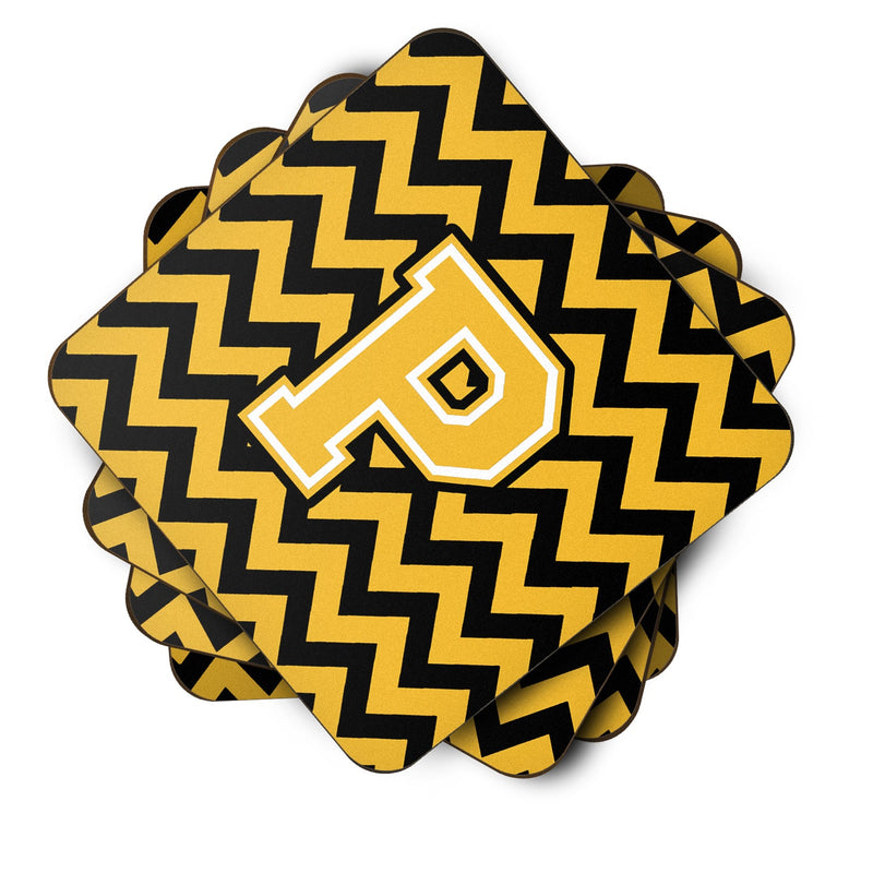 Letter P Chevron Black and Gold Foam Coaster Set of 4 CJ1053-PFC