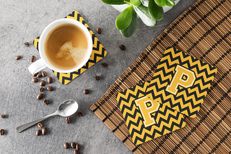 Letter P Chevron Black and Gold Foam Coaster Set of 4 CJ1053-PFC