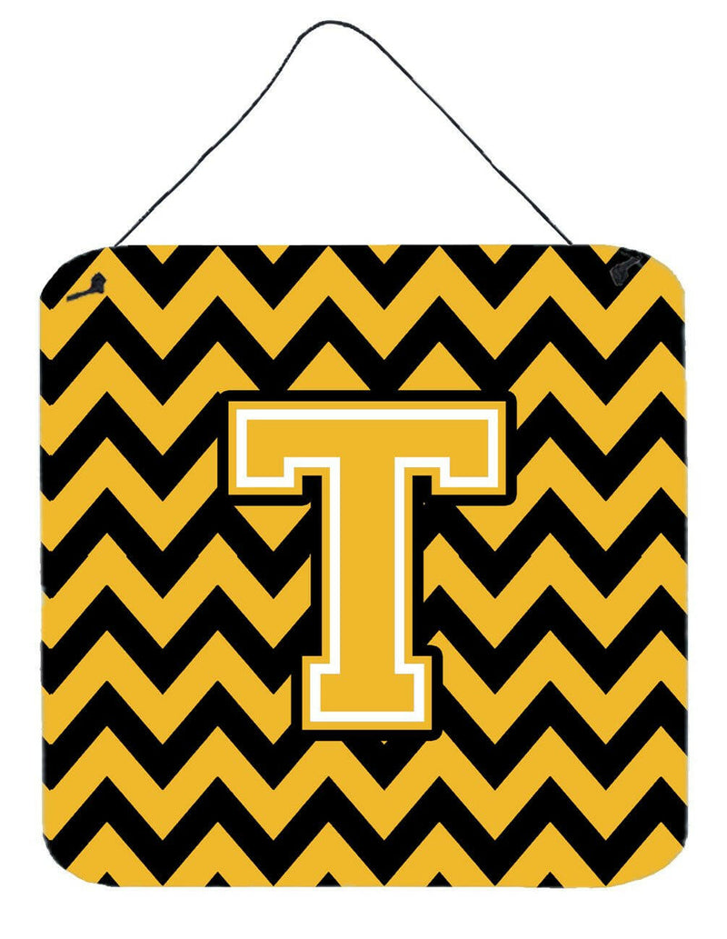 Letter T Chevron Black and Gold Wall or Door Hanging Prints CJ1053-TDS66