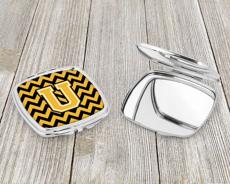 Letter U Chevron Black and Gold Compact Mirror CJ1053-USCM