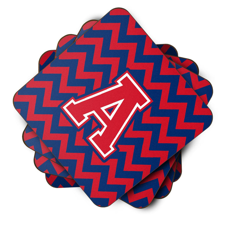 Letter A Chevron Yale Blue and Crimson Foam Coaster Set of 4 CJ1054-AFC