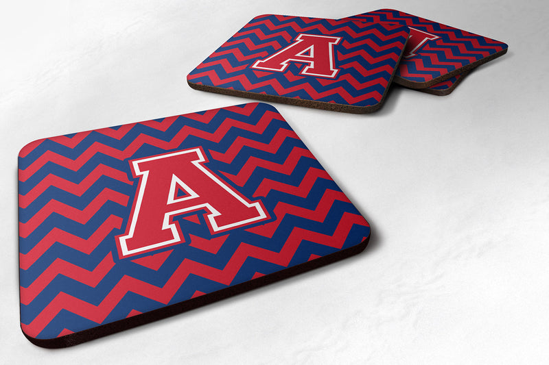 Letter A Chevron Yale Blue and Crimson Foam Coaster Set of 4 CJ1054-AFC