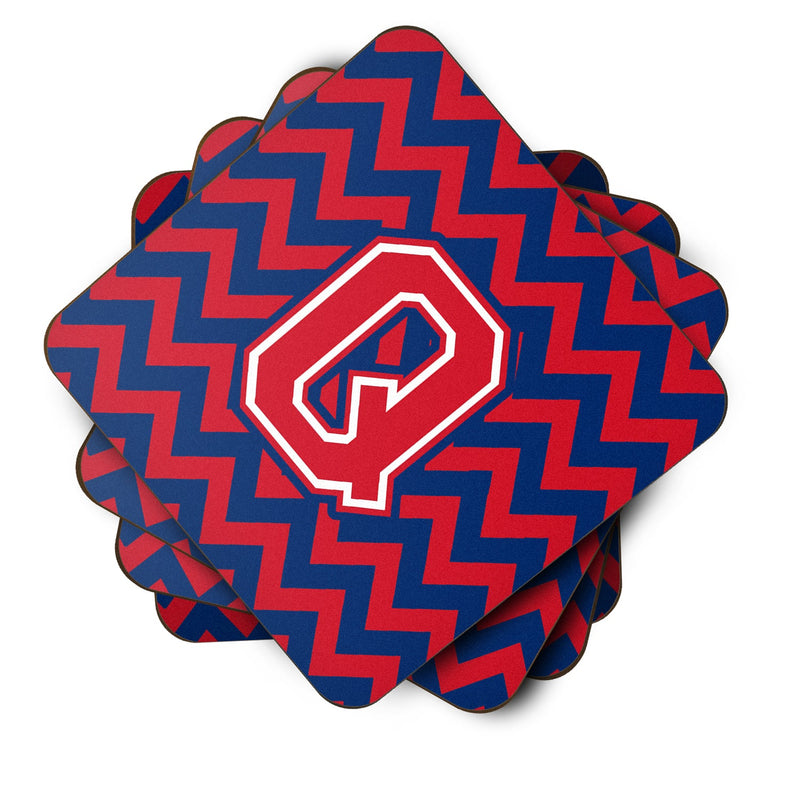 Letter Q Chevron Yale Blue and Crimson Foam Coaster Set of 4 CJ1054-QFC