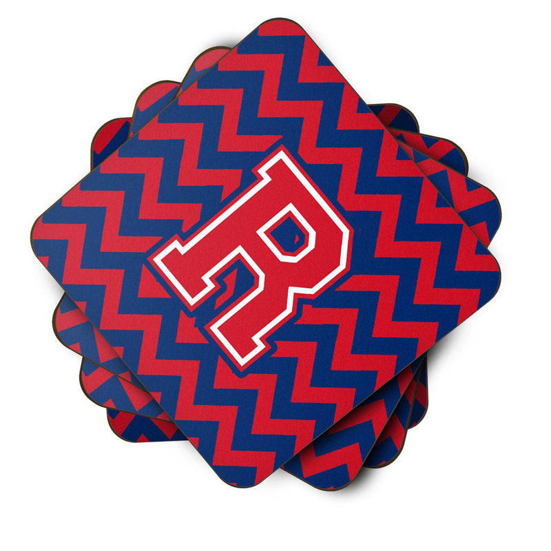 Letter R Chevron Yale Blue and Crimson Foam Coaster Set of 4 CJ1054-RFC