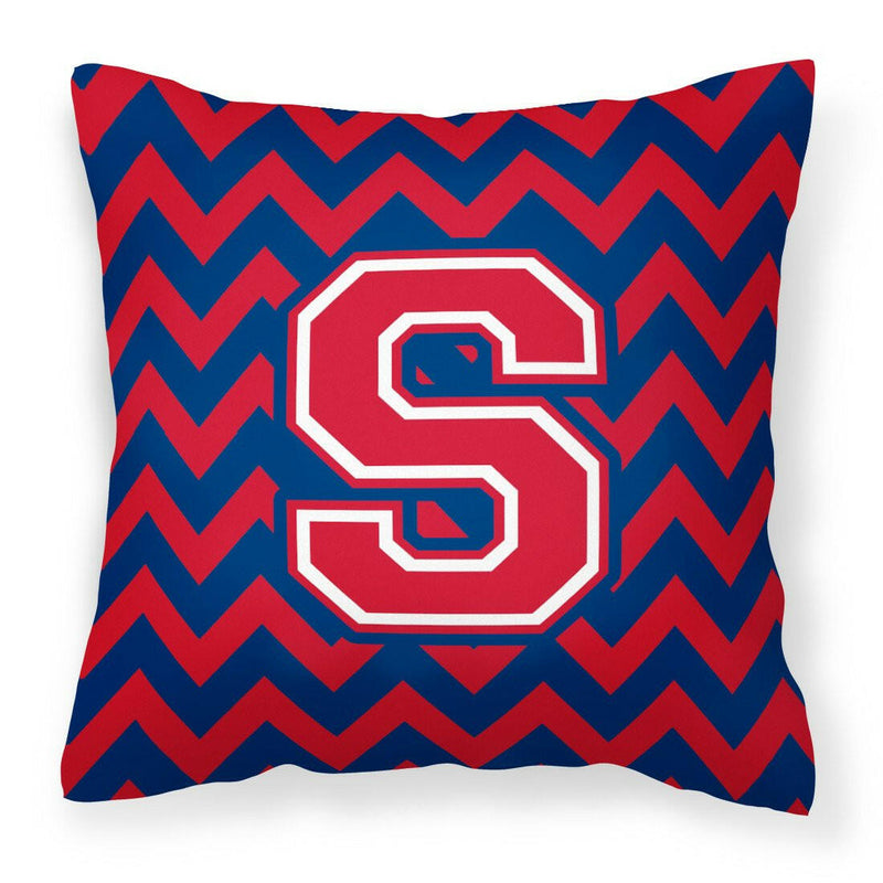 Letter S Chevron Yale Blue and Crimson Fabric Decorative Pillow CJ1054-SPW1414