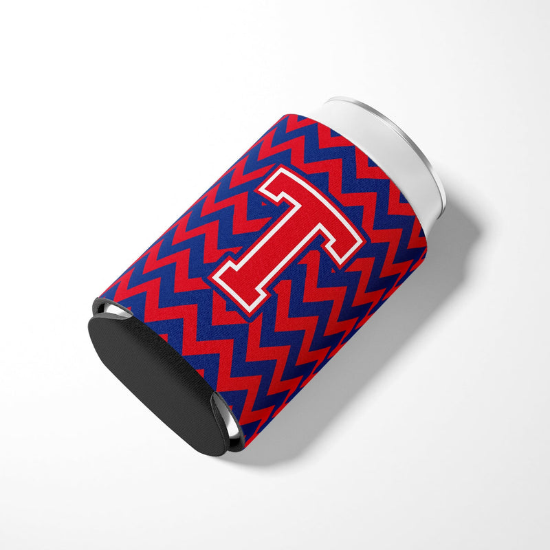 Letter T Chevron Yale Blue and Crimson Can or Bottle Hugger CJ1054-TCC