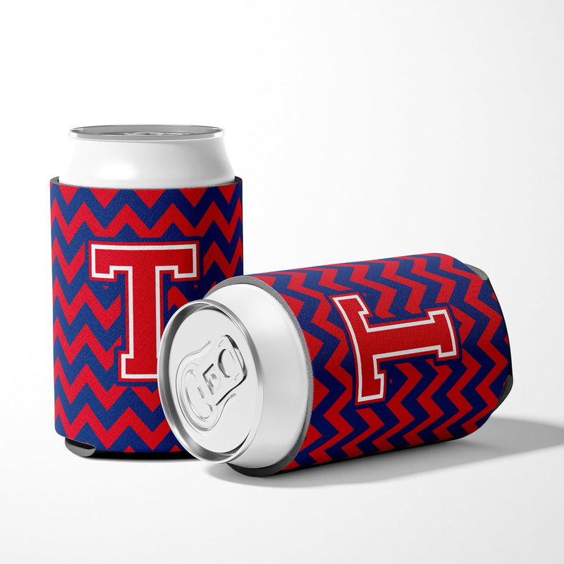 Letter T Chevron Yale Blue and Crimson Can or Bottle Hugger CJ1054-TCC