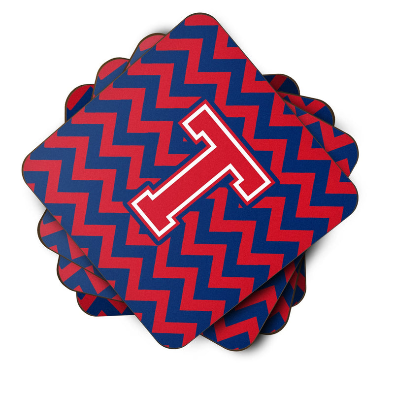 Letter T Chevron Yale Blue and Crimson Foam Coaster Set of 4 CJ1054-TFC