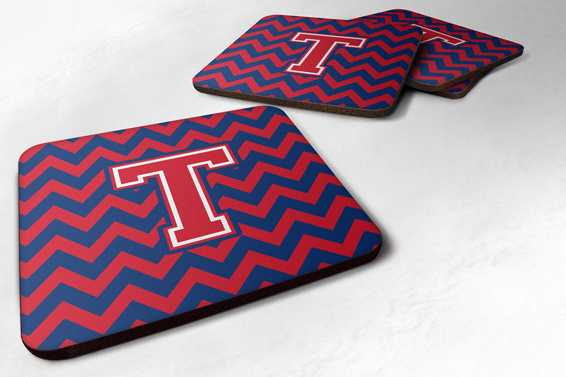 Letter T Chevron Yale Blue and Crimson Foam Coaster Set of 4 CJ1054-TFC